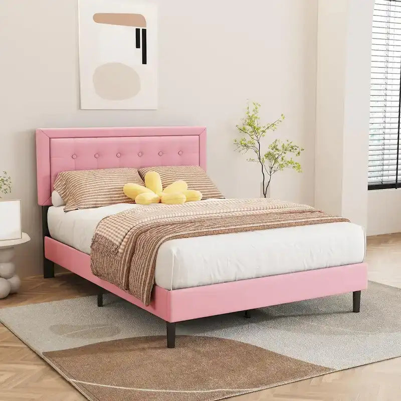 Upholstered Platform Bed Frame with Button-Tufted Headboard – No Box Spring