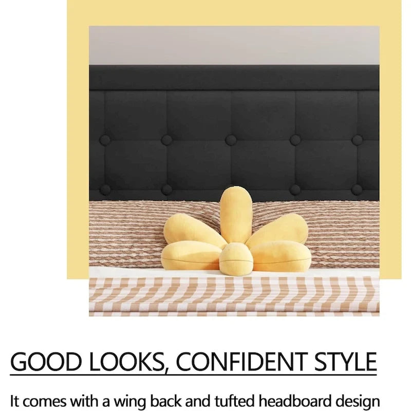 Upholstered Platform Bed Frame with Button-Tufted Headboard – No Box Spring
