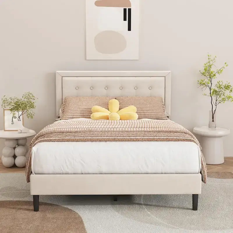 Upholstered Platform Bed Frame with Button-Tufted Headboard – No Box Spring