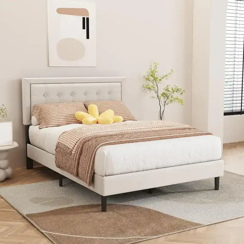 Upholstered Platform Bed Frame with Button-Tufted Headboard – No Box Spring