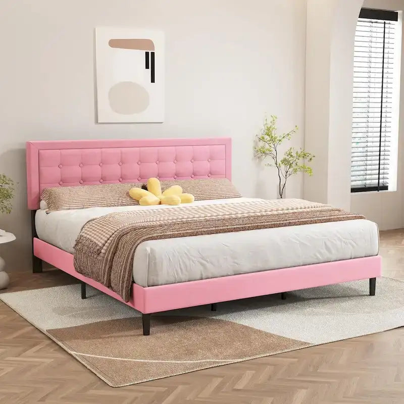 Upholstered Platform Bed Frame with Button-Tufted Headboard – No Box Spring