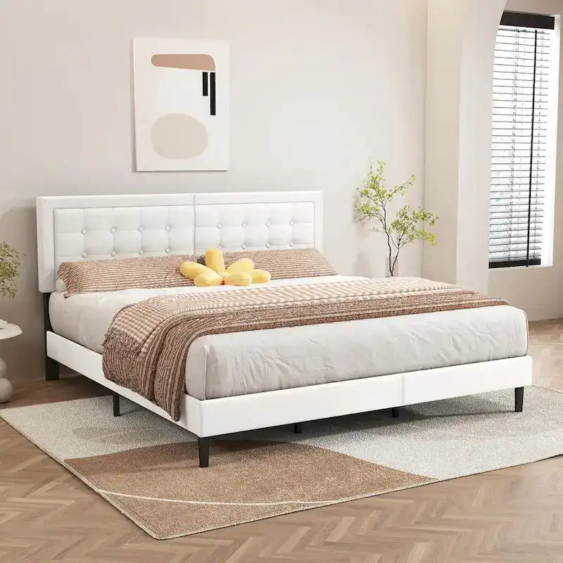 Upholstered Platform Bed Frame with Button-Tufted Headboard – No Box Spring