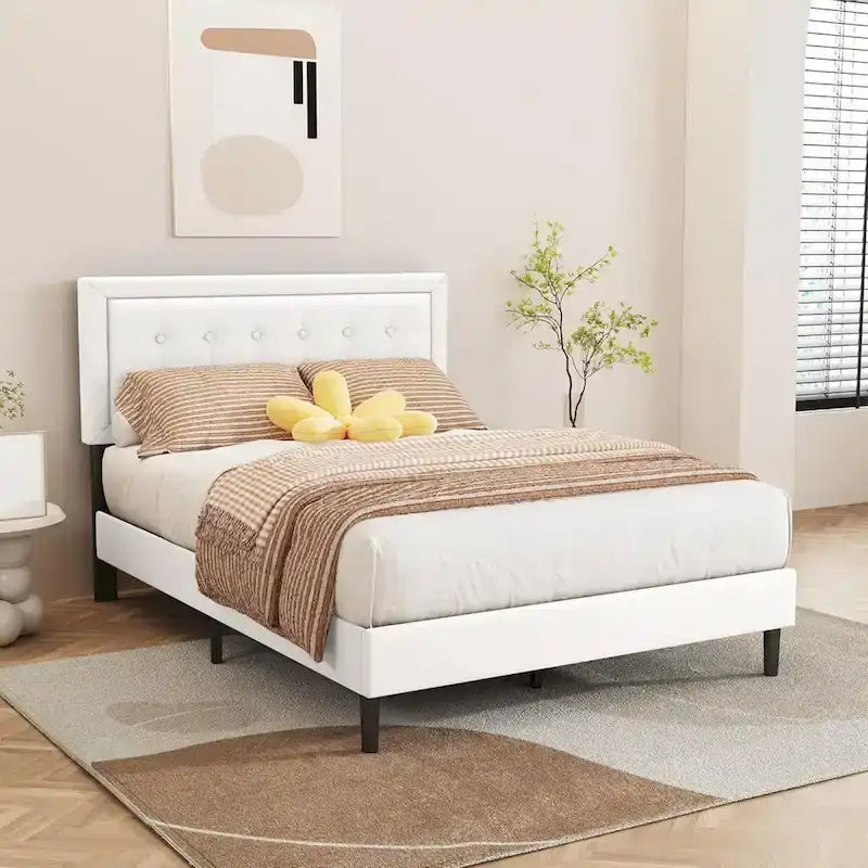Upholstered Platform Bed Frame with Button-Tufted Headboard – No Box Spring