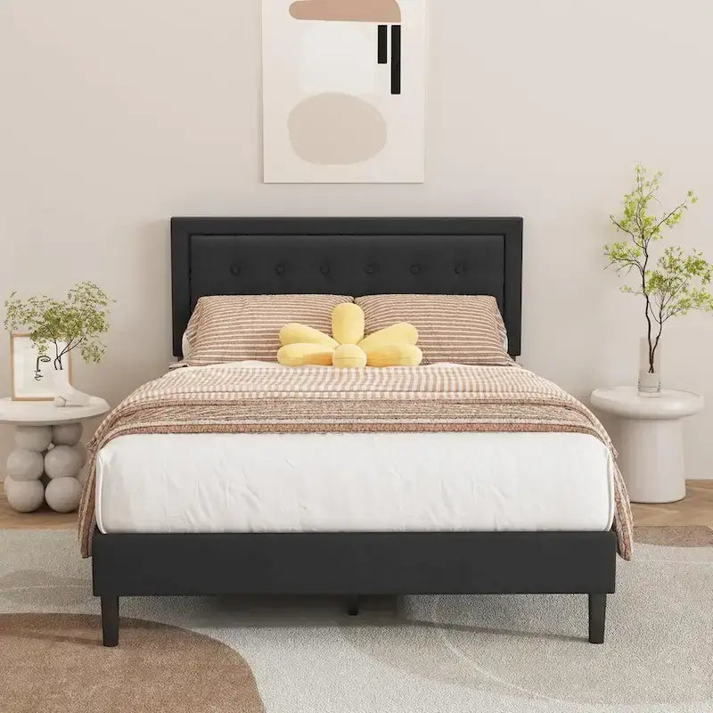 Upholstered Platform Bed Frame with Button-Tufted Headboard – No Box Spring