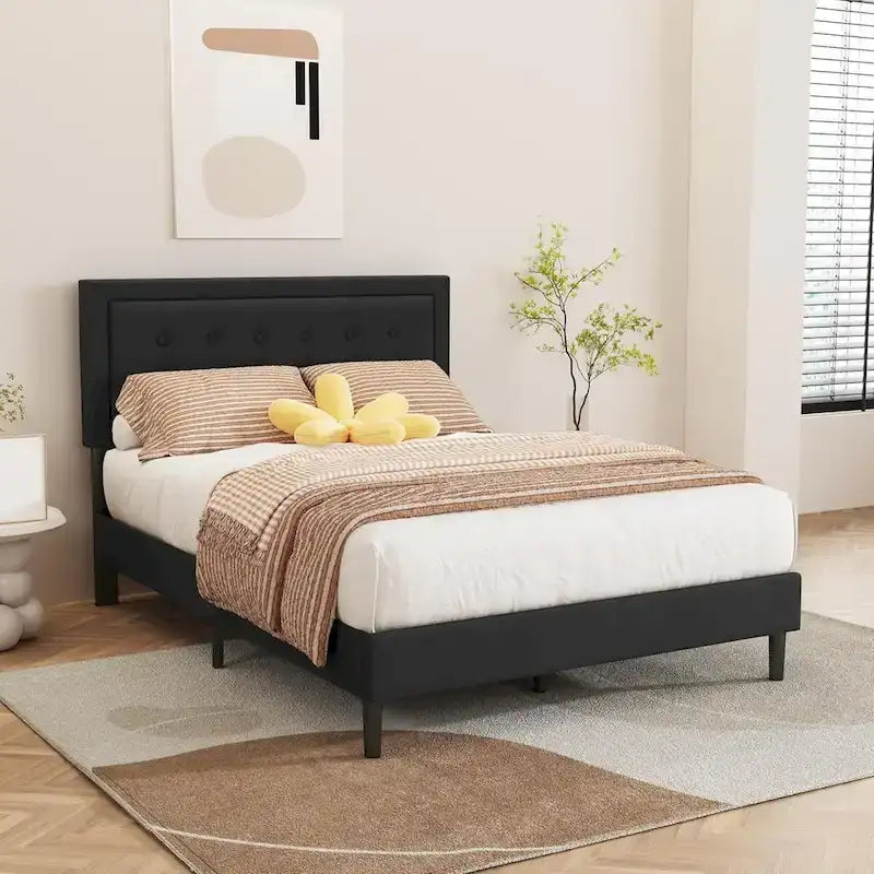Upholstered Platform Bed Frame with Button-Tufted Headboard – No Box Spring