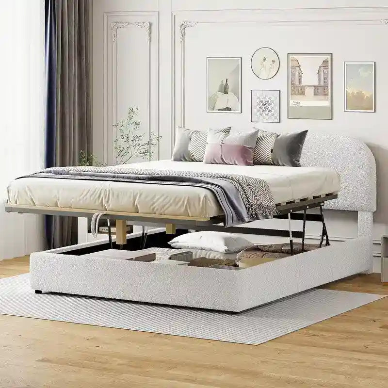 Teddy Fleece Queen Size Upholstered Platform Bed with Hydraulic Storage System