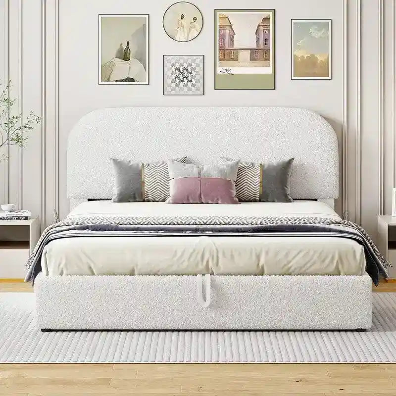 Teddy Fleece Queen Size Upholstered Platform Bed with Hydraulic Storage System