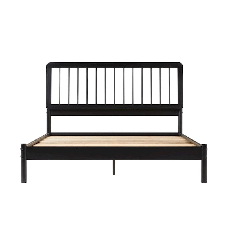 Mid-Century Modern Queen Spindle Bed – Sleek Black Finish, Solid Wood Construction