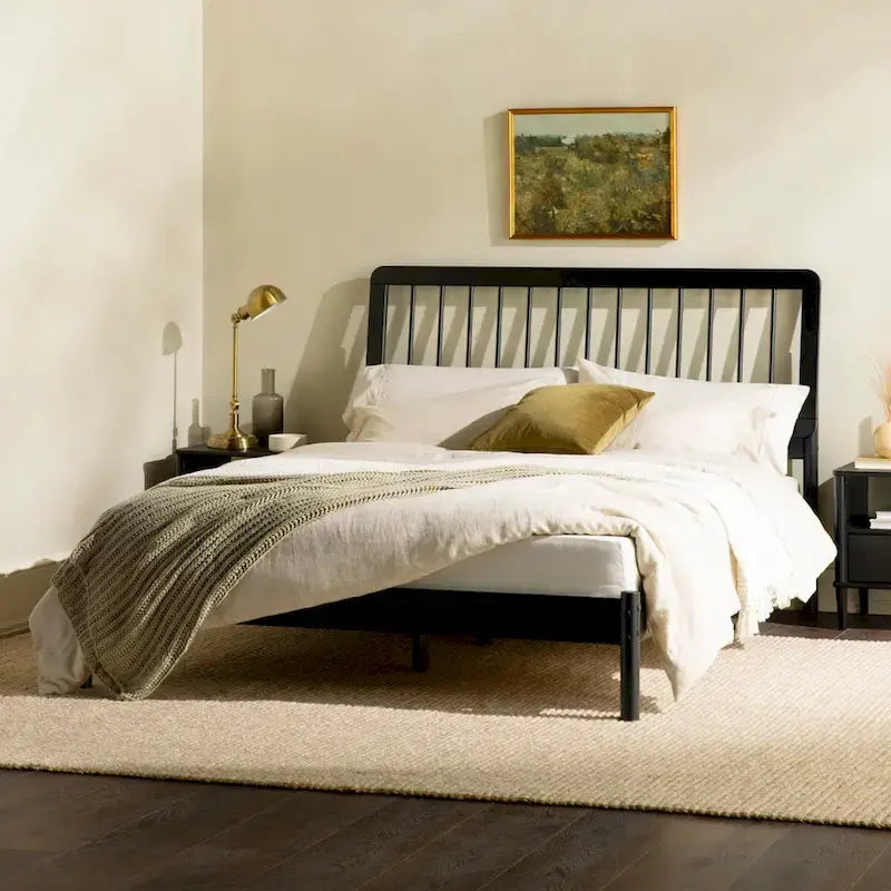 Mid-Century Modern Queen Spindle Bed – Sleek Black Finish, Solid Wood Construction