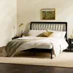 Mid-Century Modern Queen Spindle Bed – Sleek Black Finish, Solid Wood Construction