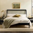 Mid-Century Modern Queen Spindle Bed – Sleek Black Finish, Solid Wood Construction