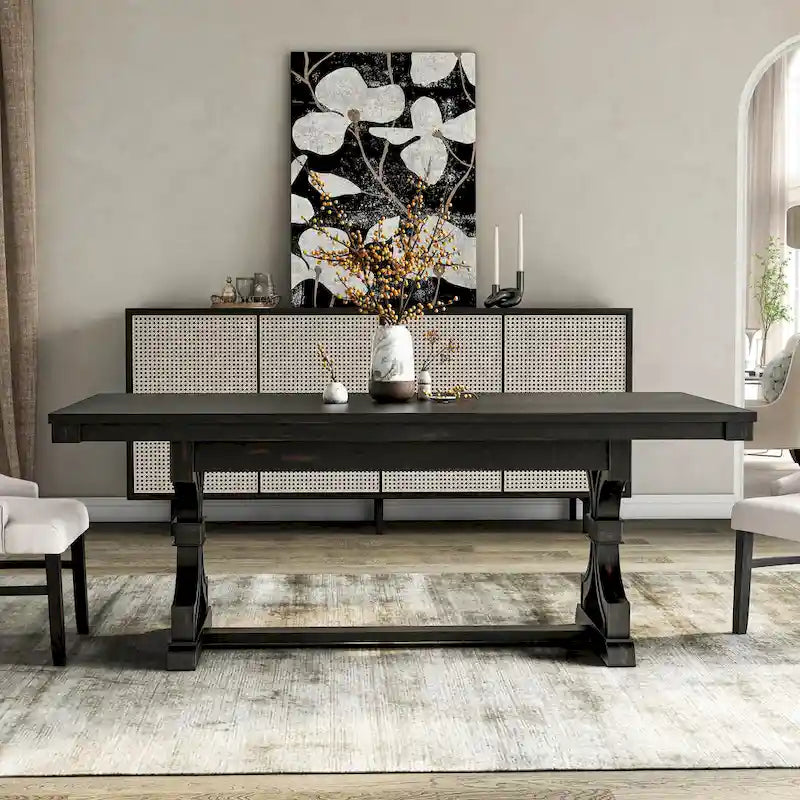 Farmhouse Black 79" Solid Wood Dining Table – Trestle Base, Seats 6